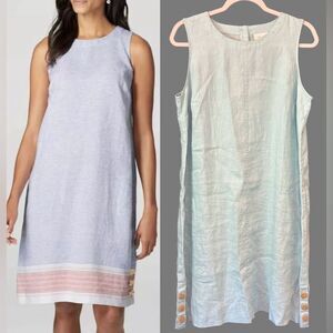 J.Jill Love Linen Women Sleeveless Button Dress M Blue Lagenlook Beachy Pockets